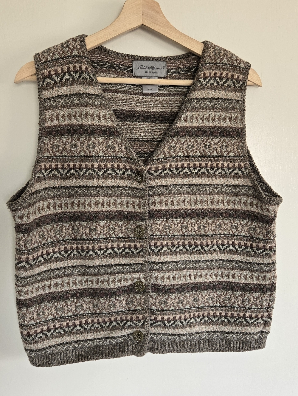 Eddie Bauer Fair Isle Knit Button Vest in Brown & Cream Women's L